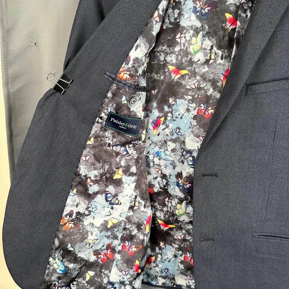 Paisley & Gray Mens Slim Fit Blazer Gray Butterfly Lining Sport Coat 38R